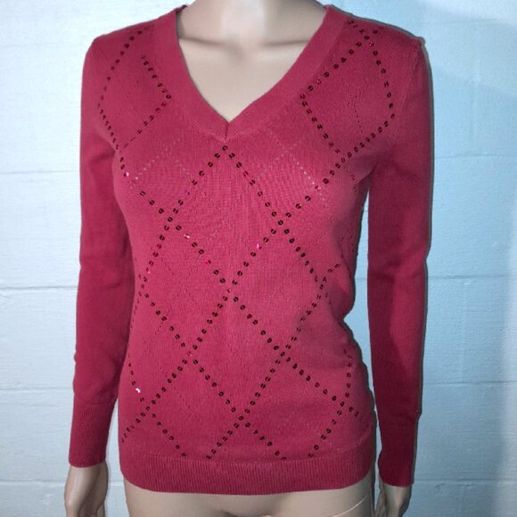Tommy Hilfiger Women's XS Red Sparkle Sequin Argyle Vneck Sweater Holiday Y2K - Picture 6 of 9